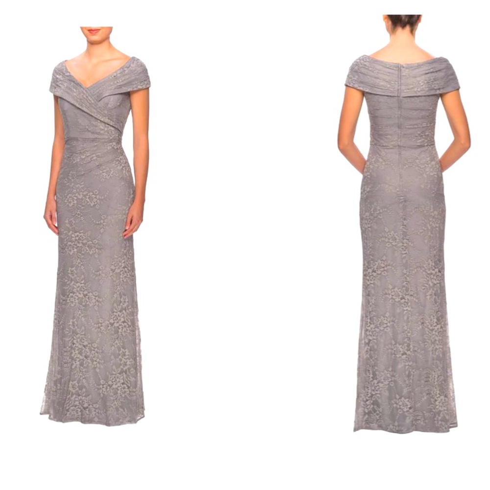 LA FEMME
Off-the-Shoulder Ruched Lace Gown